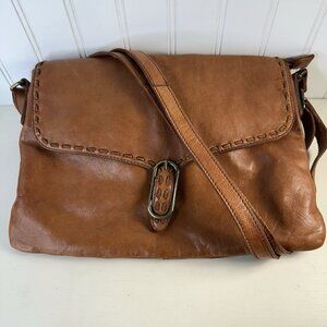 Leather Crossbody Purse Brown Snap Closure Cotton Lined Boho Satchel Stain